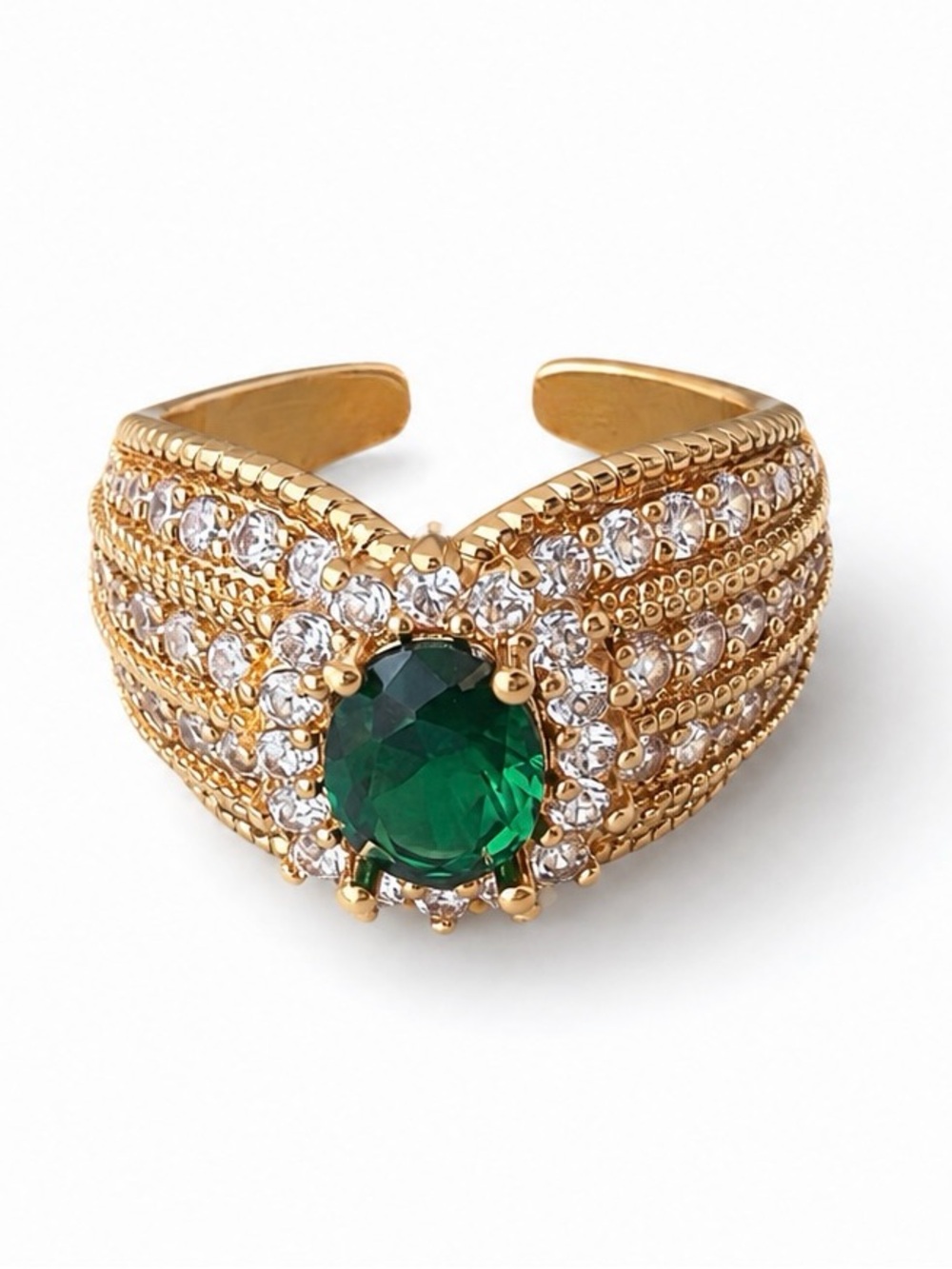 Gold Emerald Statement Ring with Crystal Accents